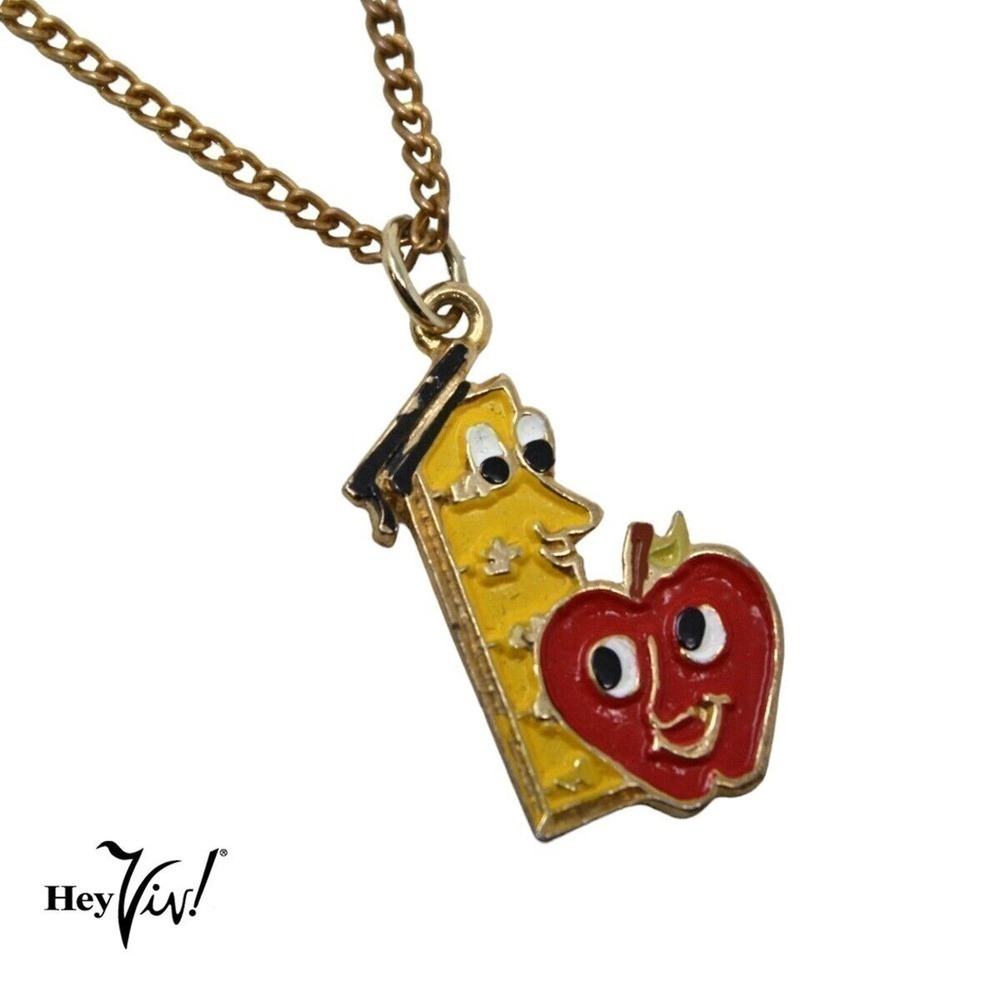 Vintage 80s Enamel Charm Necklace Cute School Teacher Ruler Apple Theme- Hey Viv